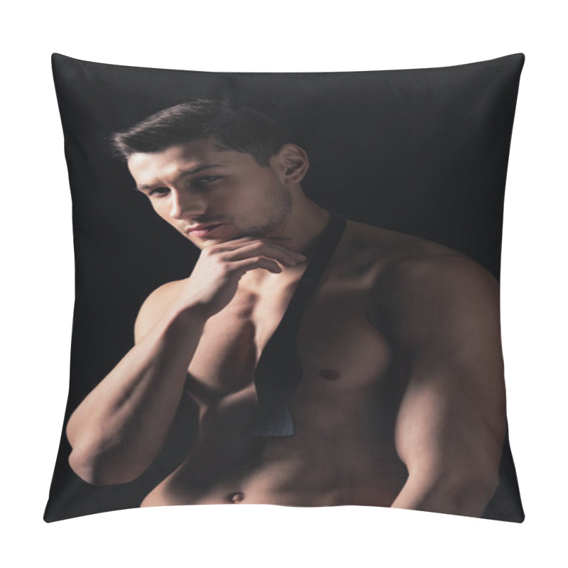 Personality  Shirtless Man Posing, Looking At Camera And Touching Chin Isolated On Black Pillow Covers