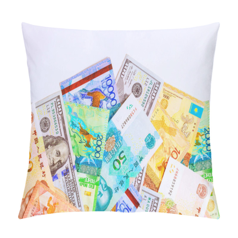 Personality  Various Denominations Of National Currency Banknotes Are Issued By It For International Business, Commerce, Economic Exchange Across Chinese Yuan, US Dollars, Kazakhstan Tenge Pillow Covers