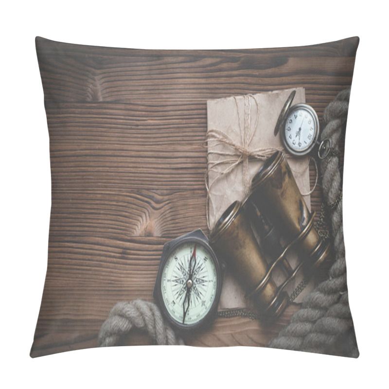 Personality  Travel Or Adventure Flat Lay Background With Copy Space. Adventurer Table. Binoculars, Parchment, Moorings, Compass And Pocket Watch On The Table. Pillow Covers