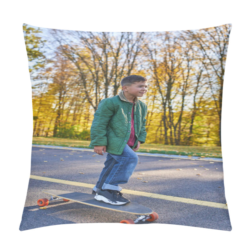 Personality  Preteen African American Boy In Outerwear And Jeans Riding Penny Board, Autumn Park, Fall Season Pillow Covers