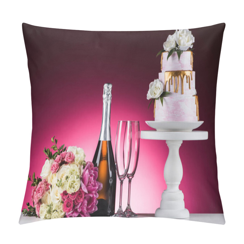 Personality  Wedding Bouquet, Champagne With Glasses And Cake On Stand On Pink Pillow Covers