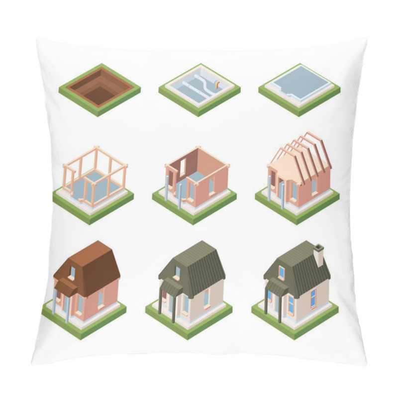 Personality  Stages Of Building House Isometric. Excavation Foundation And Laying Communications Formation Of Building Frame And Mounting Roof Setting Windows And Doors With Painting. Vector Process. Pillow Covers