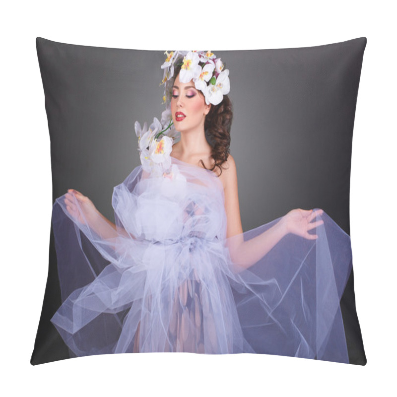 Personality  Girl With Orchids Flower In Her Hair. Professional Make-up.Makeup. Fashion Art.Hairstyle With Flowers. Fantasy Girl Portrait Pillow Covers