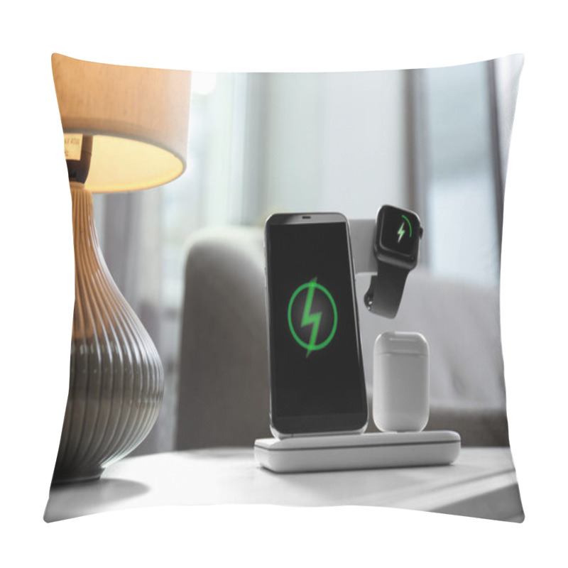 Personality  Smartphone, Watch And Earphones Charging On Wireless Pad In Room Pillow Covers