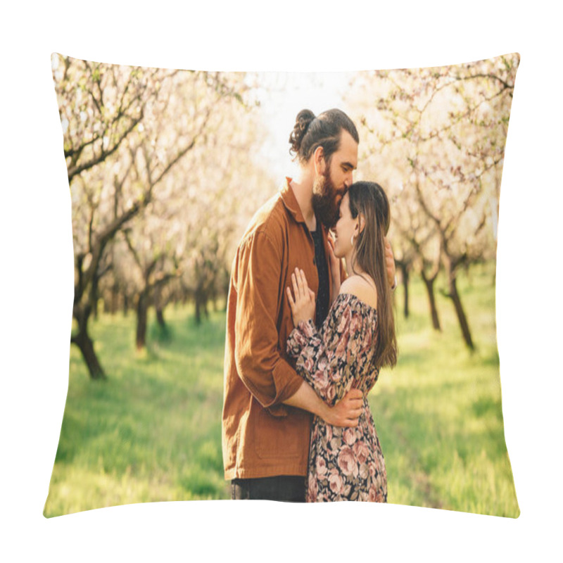 Personality  A Couple Embraces In A Blooming Orchard During Spring, Love And Nature In Harmony, Creating A Romantic Scene Pillow Covers