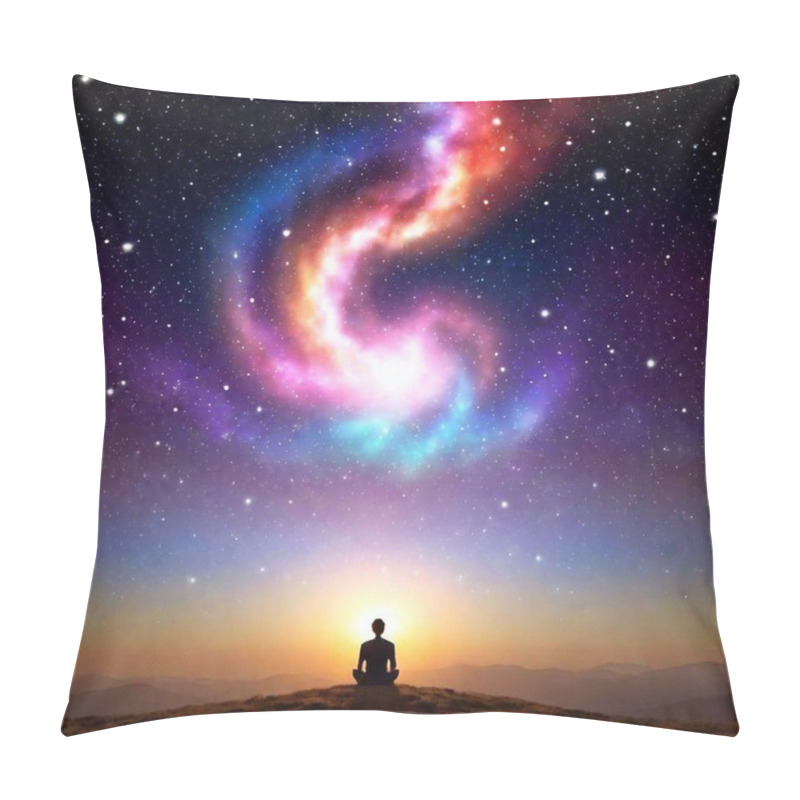 Personality  A High-resolution Digital Artwork Of A Person Meditating On A Mountain Top, Silhouetted Against A Cosmic Backdrop. The Person Is In A Lotus Position, With Ethereal Wisps Of Light Emanating From Their Heart, Blending Seamlessly Into The Vibrant Pillow Covers