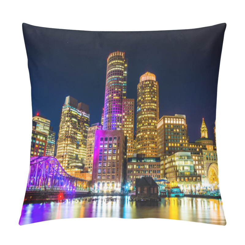 Personality  The Boston Skyline And Fort Point Channel At Night From Fan Pier Pillow Covers