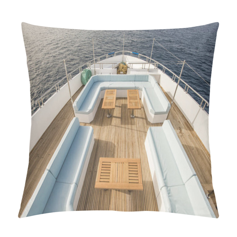 Personality  Bow Teak Deck Of A Large Luxury Motor Yacht With Chairs Sofa Table And Tropical Sea View Background Pillow Covers