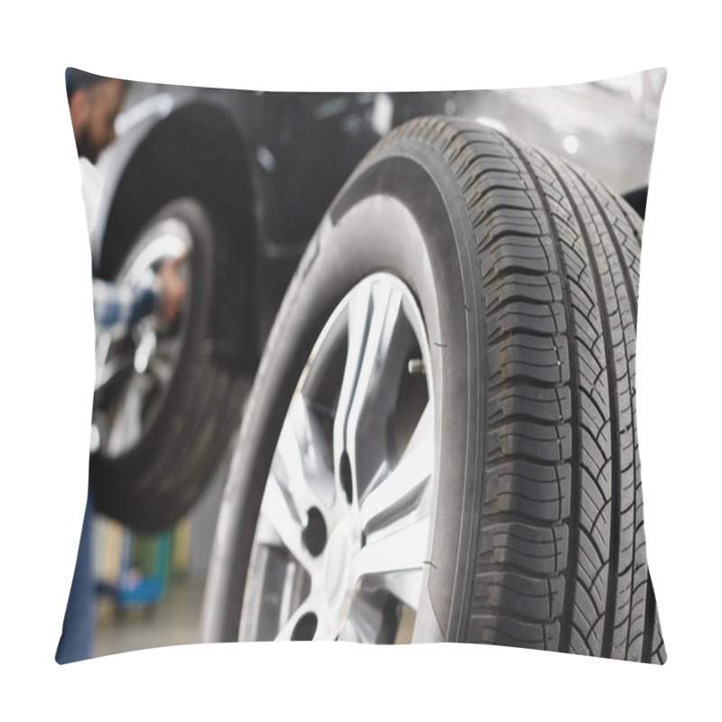 Personality  Close Up View Of Car Wheel Near Technician Maintaining Car On Blurred Background Pillow Covers