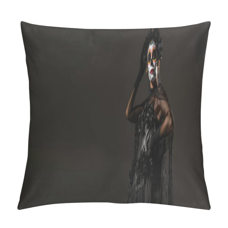 Personality  Woman In Spooky Halloween Makeup And Dark Witch Costume On Black Background, Banner Pillow Covers