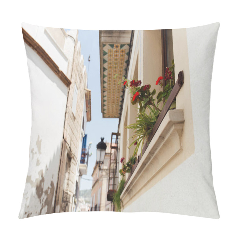 Personality  Low Angle View Of Blooming Flowers On House Windowsill On Urban Street In Catalonia, Spain  Pillow Covers