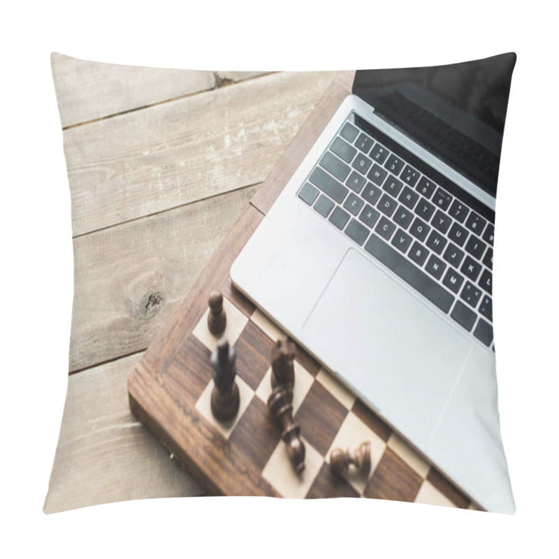 Personality  Chess Board With Chess Pieces And Laptop On Rustic Wooden Surface Pillow Covers