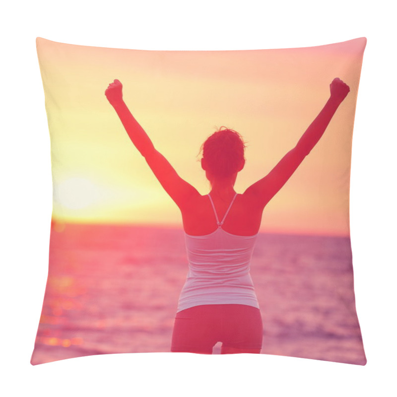 Personality  Woman Arms Up At Ocean And Sunset Pillow Covers