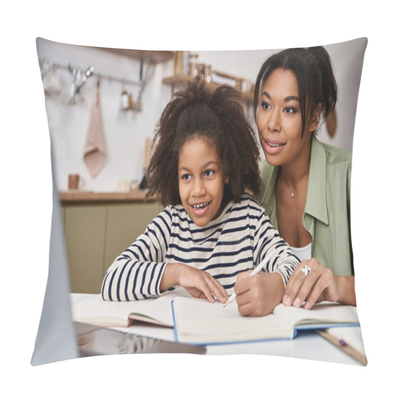 Personality  A Warm Moment As A Mother Guides Her Daughter With Homework At Their Kitchen Table. Pillow Covers