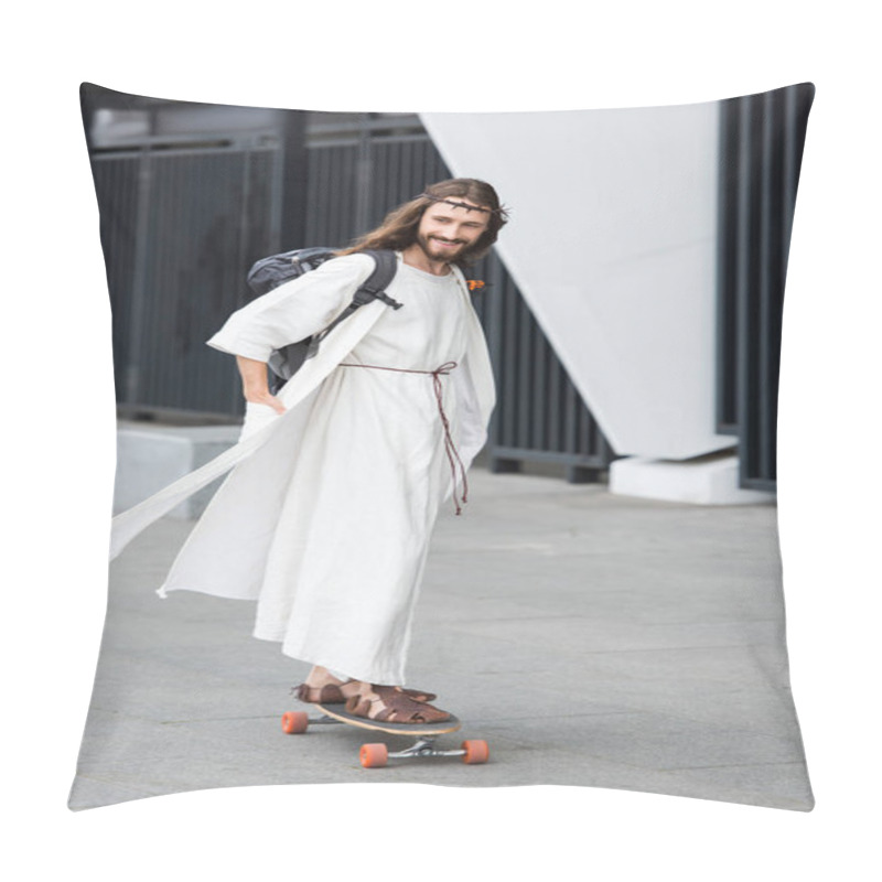 Personality  Smiling Jesus In Robe And Crown Of Thorns Skating On Longboard On Street  Pillow Covers