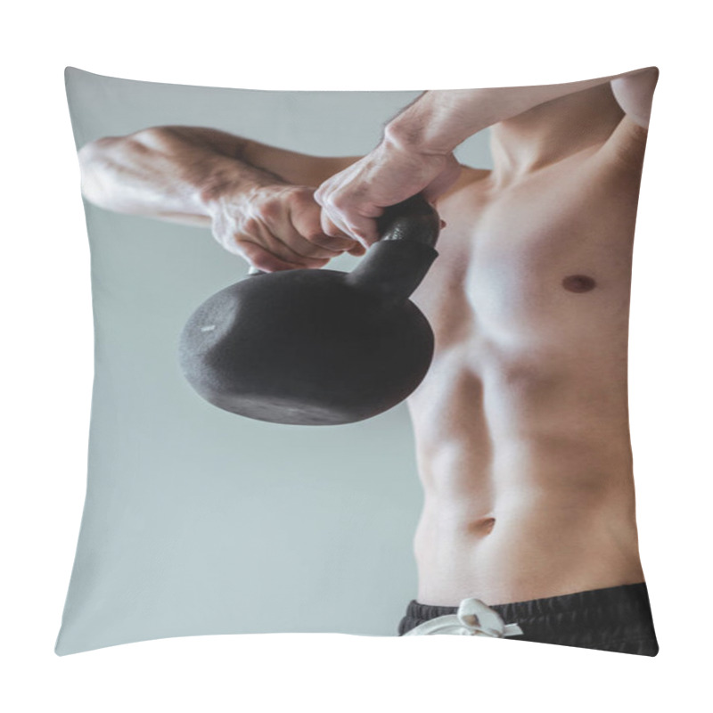 Personality  Cropped View Of Sexy Muscular Bodybuilder With Bare Torso Exercising With Kettlebell Isolated On Grey Pillow Covers