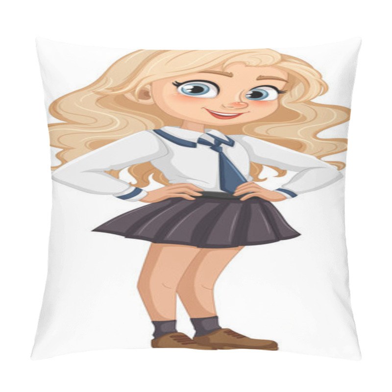 Personality  Beautiful Blonde Girl With Long Hair Wearing A School Uniform And Smiling Pillow Covers