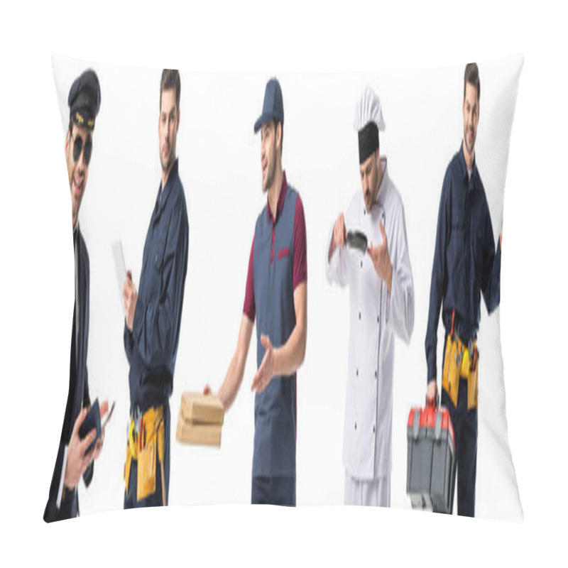 Personality  Collage Of Handsome Man Showing Different Professions Isolated On White Pillow Covers