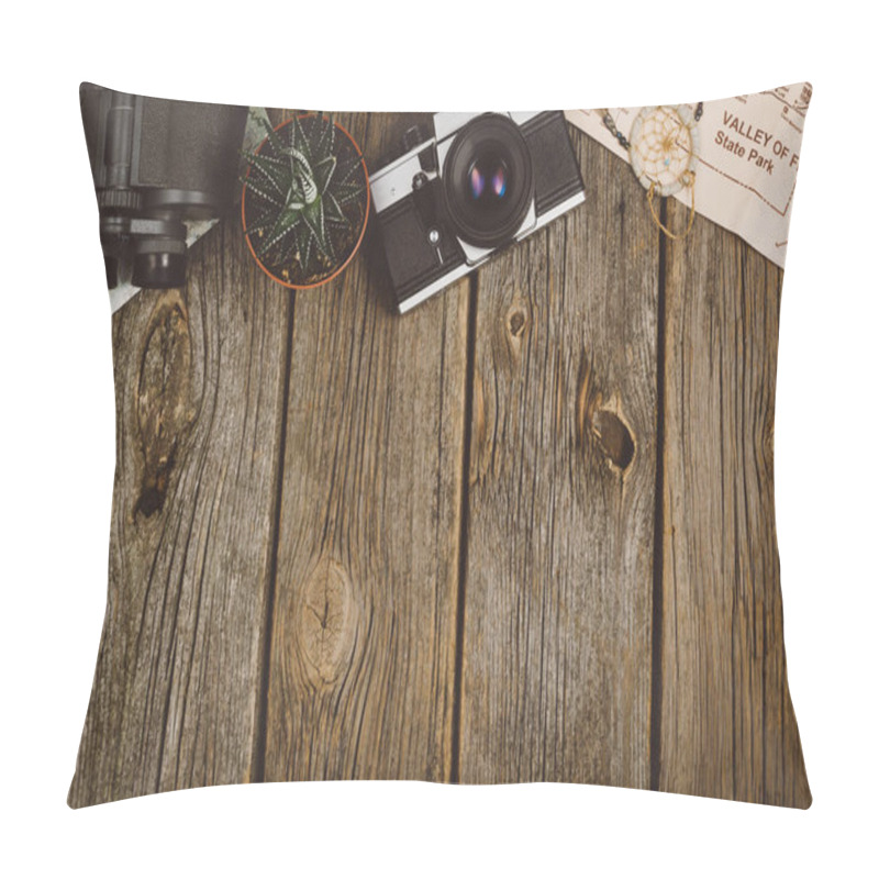 Personality  Travel Accessories Top View On Wooden Background With Copy Space Pillow Covers