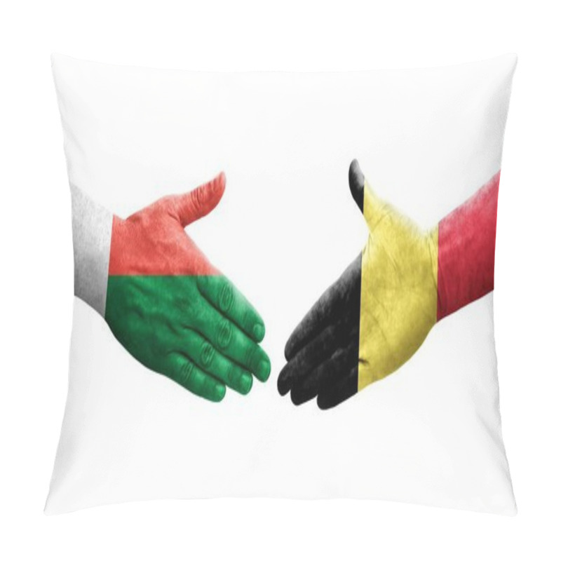 Personality  Handshake Between Belgium And Madagascar Flags Painted On Hands, Isolated Transparent Image. Pillow Covers