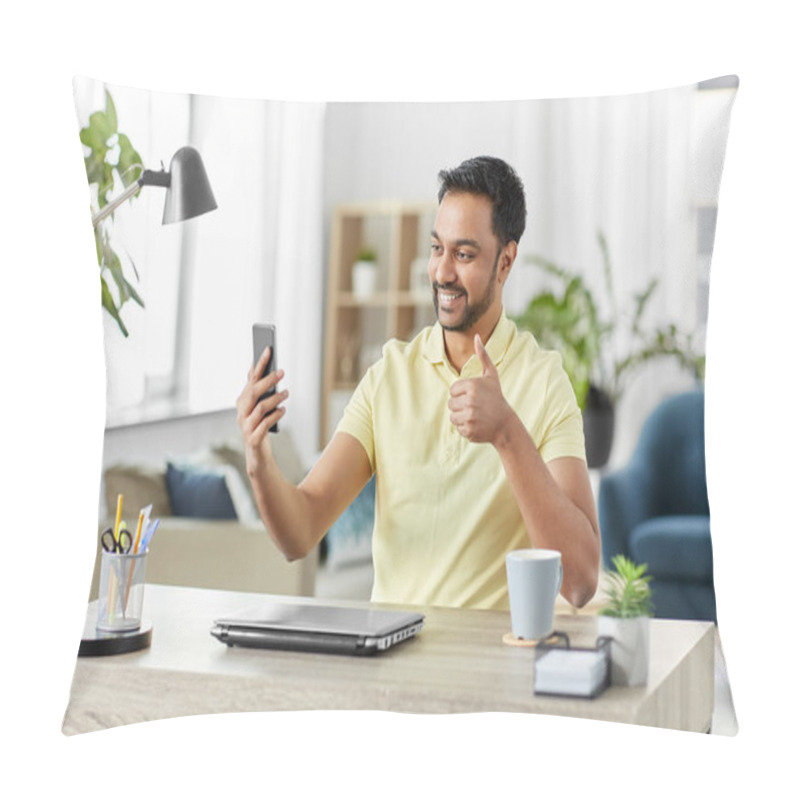 Personality  Indian Man Having Video Call On Smartphone At Home Pillow Covers