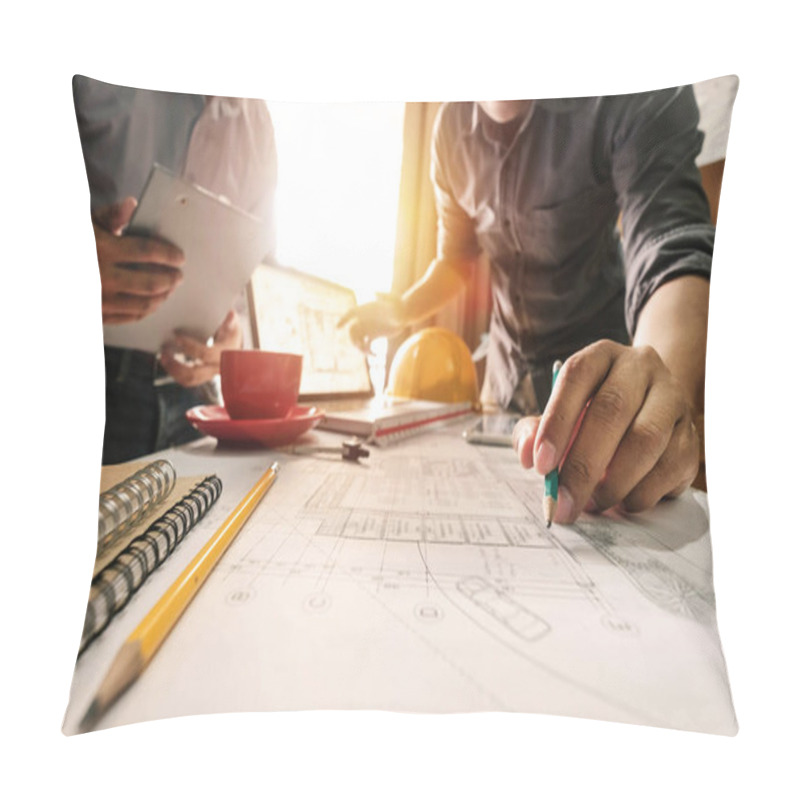 Personality  Creative Architect Projecting On The Big Drawings In The Dark Loft Office Or Cafe In Morning Light Pillow Covers