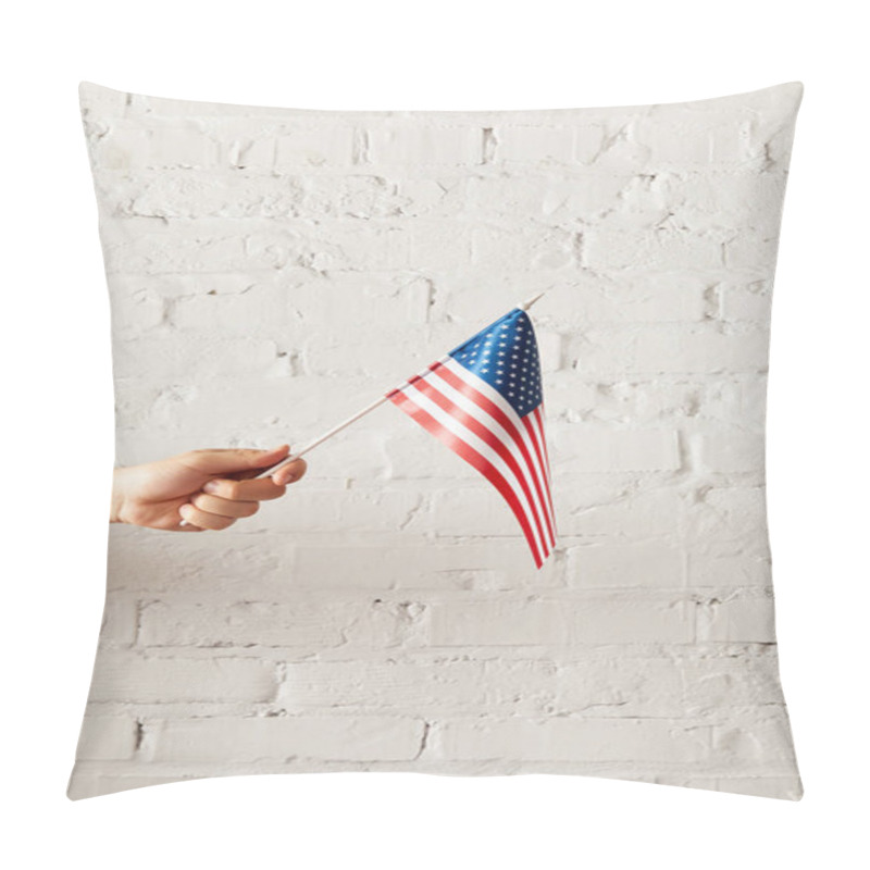 Personality  Cropped Image Of Man Holding American Flagpole Against White Brick Wall  Pillow Covers