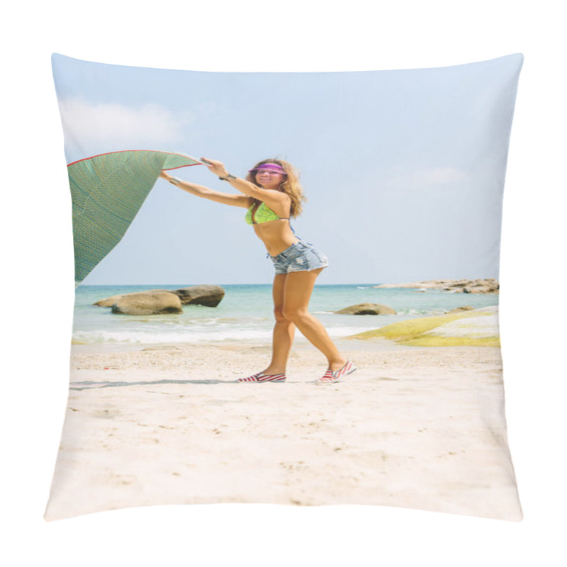 Personality  Beautiful Woman With Mat In Tropics. Pillow Covers