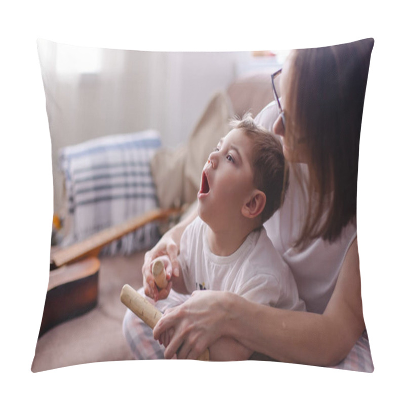 Personality  Happy Family With A Child With Cerebral Palsy. The Mother And Her Disabled Son Lead A Normal Life. Leisure Time Together. Child Development Games At Home. Wooden Musical Instruments. Rehabilitation  Pillow Covers