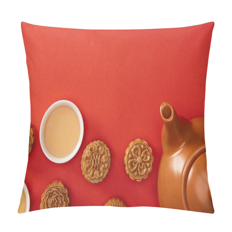 Personality  Top View Of Traditional Mooncakes, Tea Pot And Cups Isolated On Red Pillow Covers