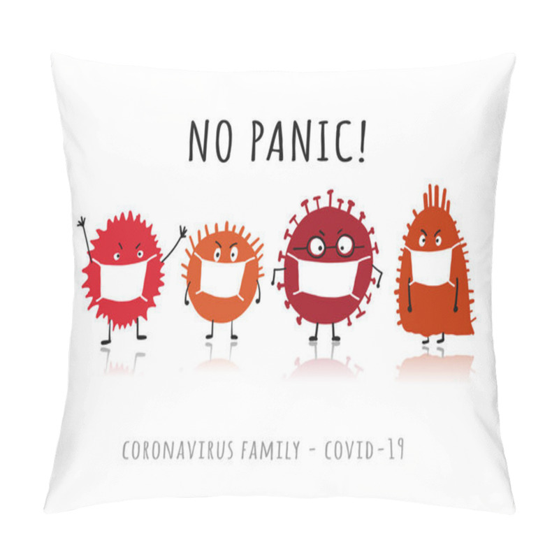 Personality  Coronavirus Family, Covid-19. Cute Virus Characters Wearing Masks, Isolated On White Pillow Covers