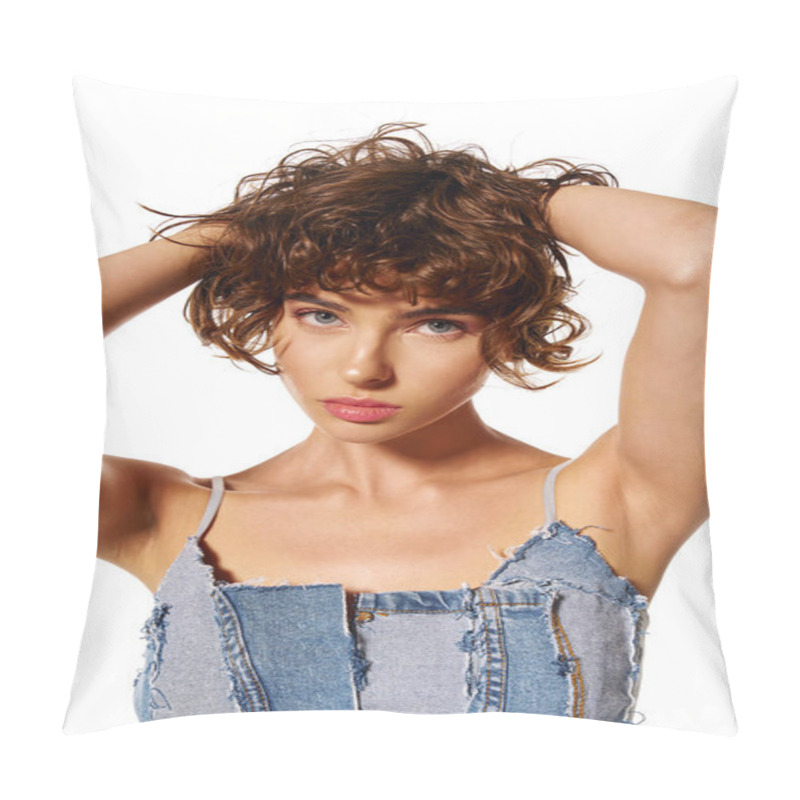 Personality  A Young Woman Captivates With Her Emotional Gaze While Posing With A Stylish, Casual Look. Pillow Covers