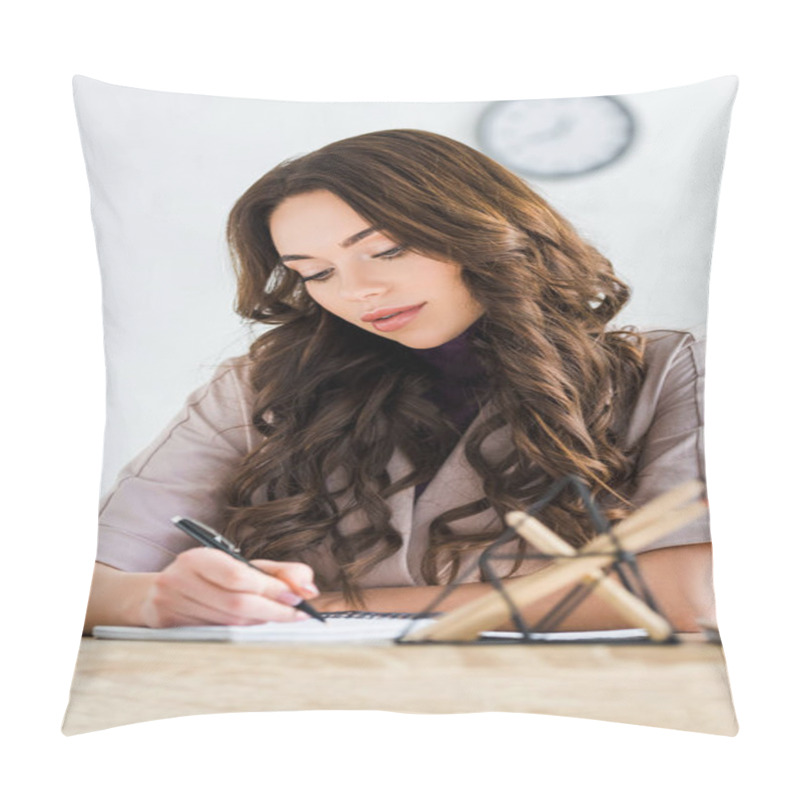 Personality  Selective Focus Of Attractive Curly Girl Writing In Notebook Near Stationary  Pillow Covers