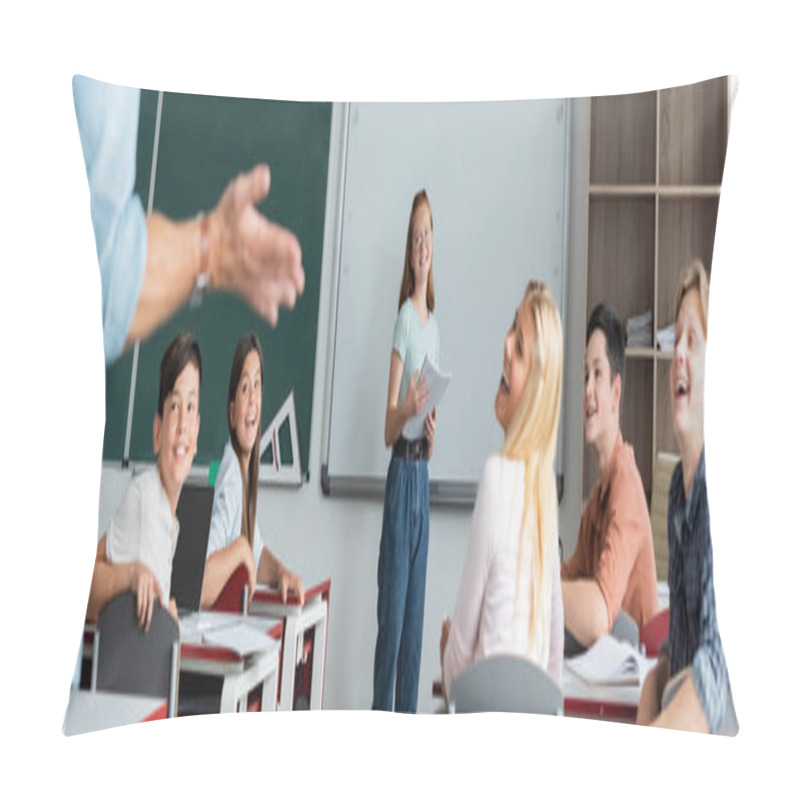 Personality  Cheerful Multiethnic Classmates Looking At Blurred Teacher, Banner  Pillow Covers