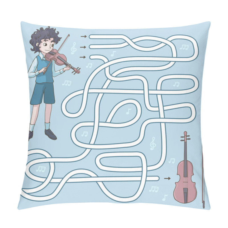 Personality  Labyrinth. Maze Game For Kids. Help Cute Cartoon Violinist Find Path To His Violin. Vector Illustration. Light Blue And Brown Pastel Colors. Pillow Covers