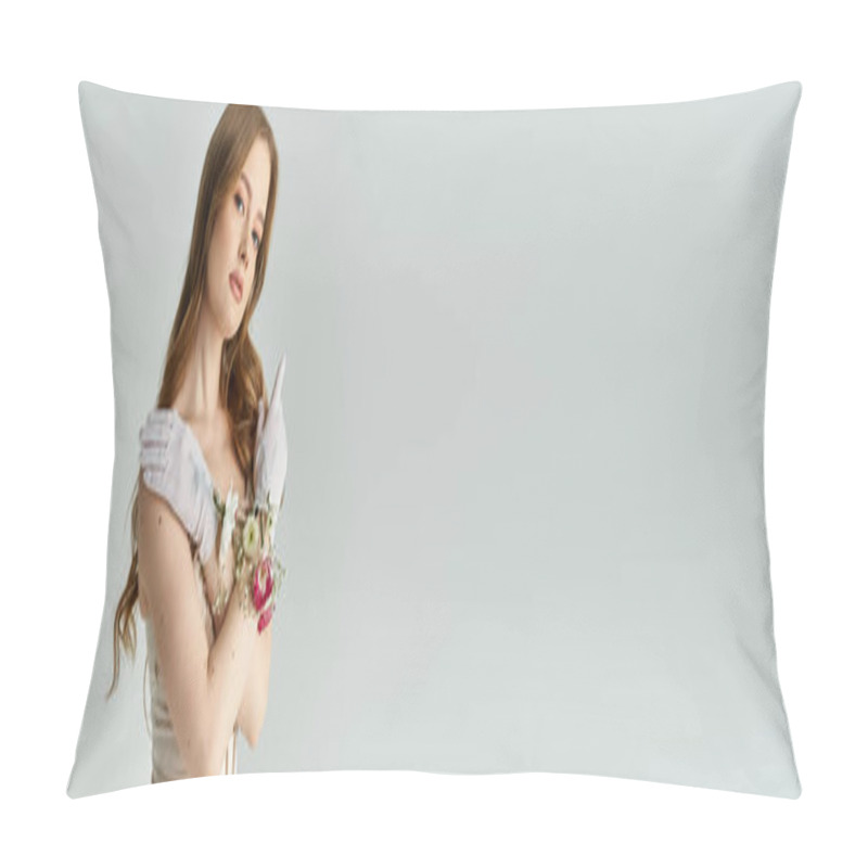 Personality  A Young Woman Adorned With Flowers Exudes Charm And Grace. Pillow Covers