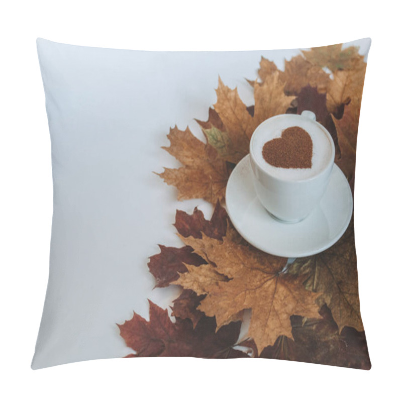 Personality  Coffee Cup With A Pattern In The Form Of A Heart. Cozy Leaves And Place For Your Text Pillow Covers