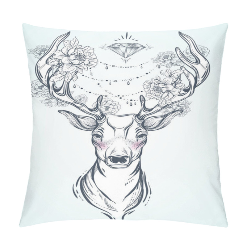 Personality  Beautiful Hand Drawn Tribal Style Deer. Vector Deer Head Decorated With Peony Flowers And Diamond Beads. Spiritual Art, Yoga, Boho Style. T Shirts Print And Posters. Pillow Covers