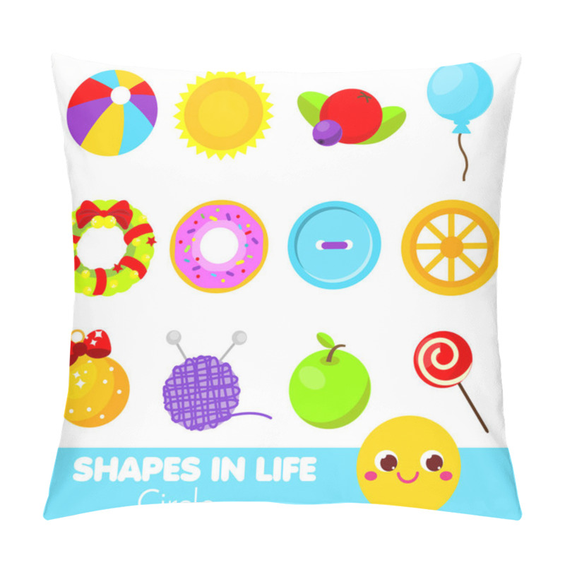 Personality  Shapes In Life. Circle. Learning Cards For Kids. Educational Infographic For Children And Toddlers. Study Geometric Shapes. Visual Aid Pillow Covers