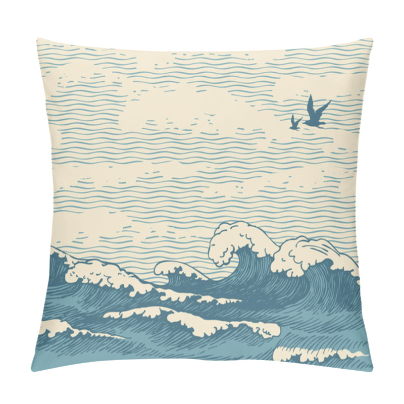 Personality  Vector Hand-drawn Seascape In Retro Style With Waves, Seagulls And Clouds In The Sky. Decorative Illustration Of The Sea Or Ocean, Water Waves On The Old Paper Background Pillow Covers