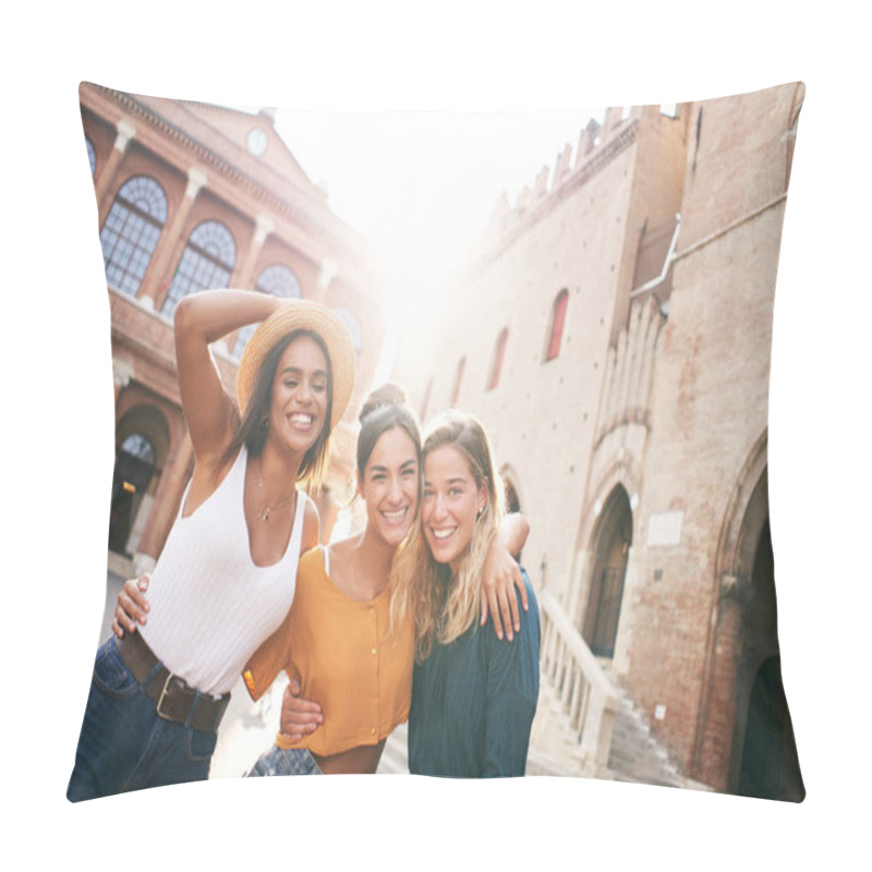 Personality  Three Happy Female Friends Having Fun Outdoors In Summer Vacations At City. Portrait Of Smiling Woman Hugging Looking At Camera Together Pillow Covers