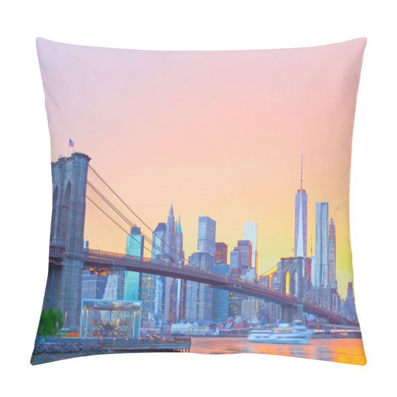 Personality  New York City, Manhattan Downtown Panorama With Famous Landmark Brooklyn Bridge Pillow Covers