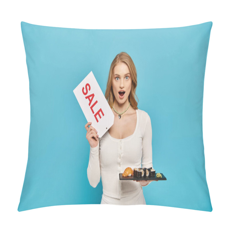 Personality  A Beautiful Woman With Blonde Hair Holding A Sign That Says Sale While Posing With Delicious Asian Food. Pillow Covers