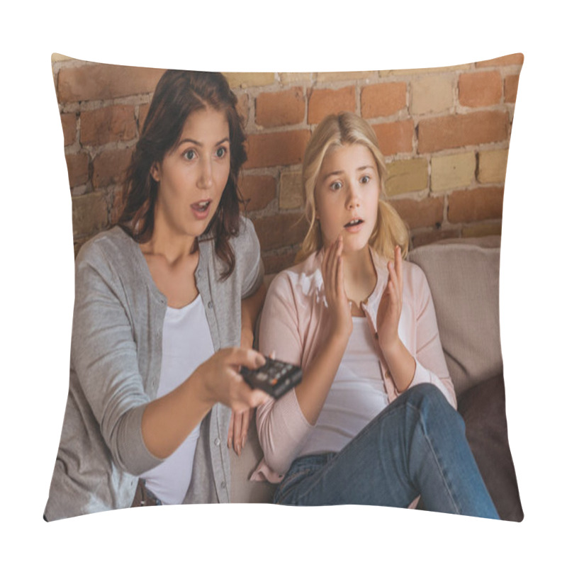 Personality  Selective Focus Of Excited Mother And Daughter Watching Movie At Home  Pillow Covers