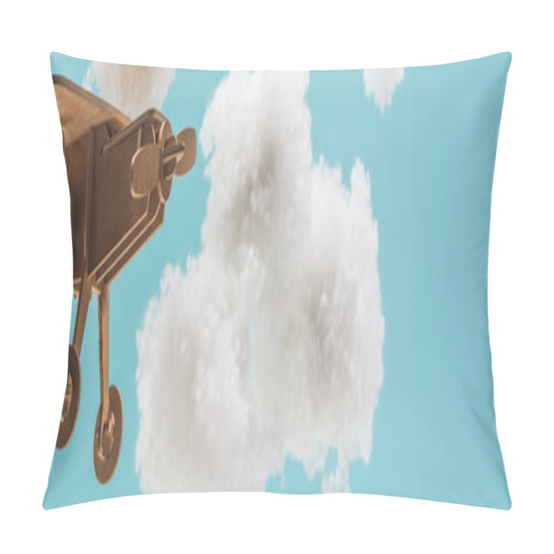 Personality  Wooden Toy Plane Flying Among White Fluffy Clouds Made Of Cotton Wool Isolated On Blue, Panoramic Shot Pillow Covers