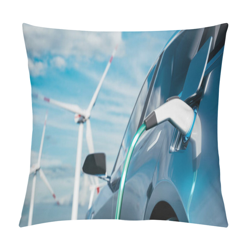 Personality  Car Charging On The Background Of A Windmills. Charging Electric Car. Electric Car Charging On Wind Turbines Background. Vehicles Using Renewable Energy. 3d Render Pillow Covers