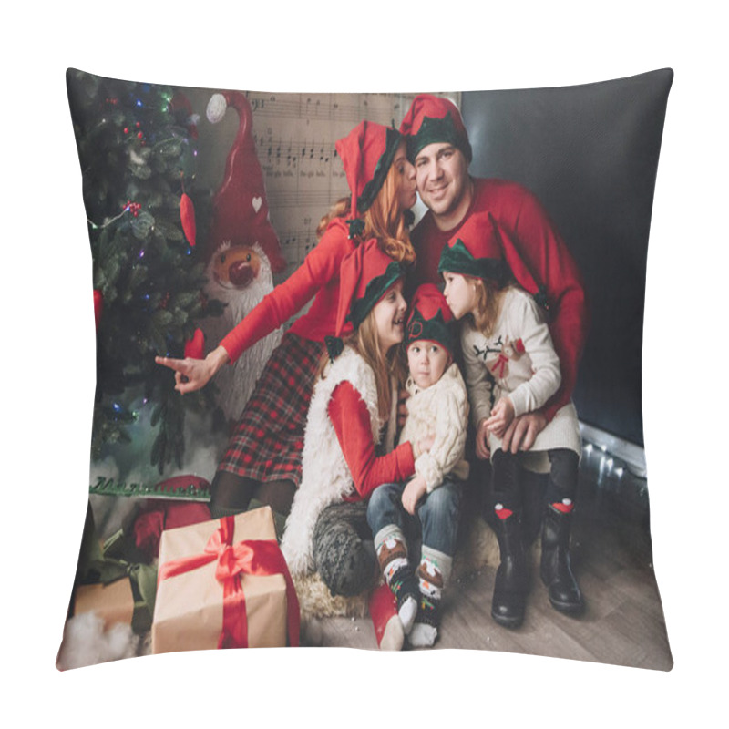 Personality  Two Sisters And Brother Hug Near The Christmas Tree. Waiting For Santa Claus. Open Gifts. Big Family. Pillow Covers