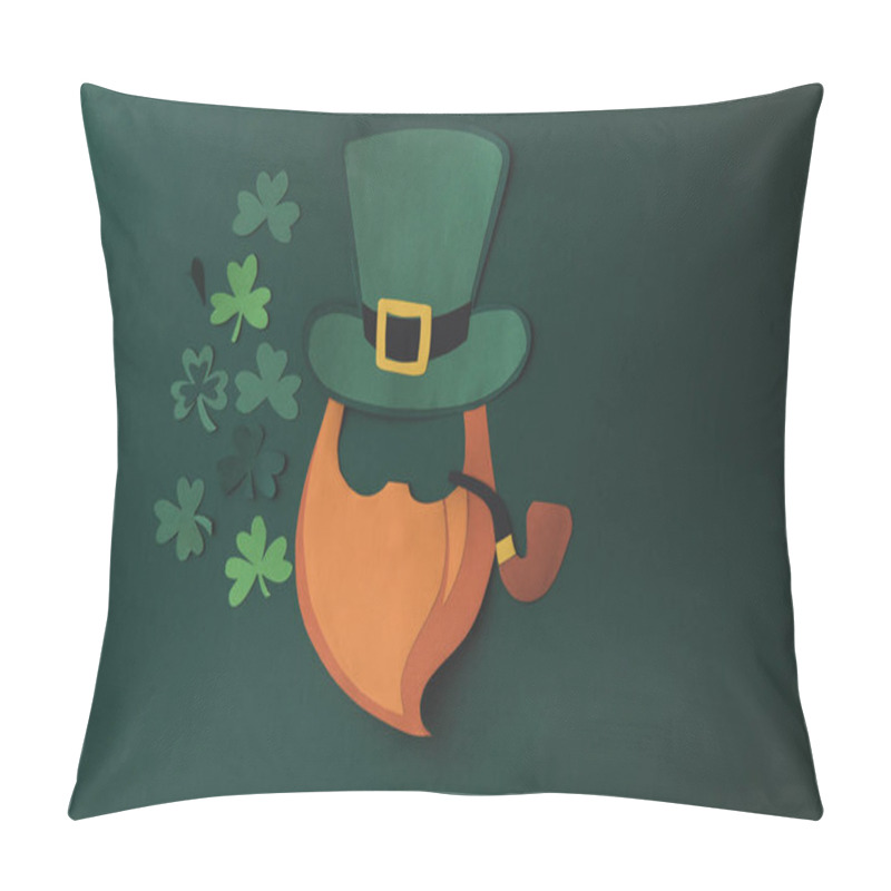 Personality  Top View Of Paper Decoration Of Smoking Man And Shamrock For St Patricks Day Isolated On Green Pillow Covers