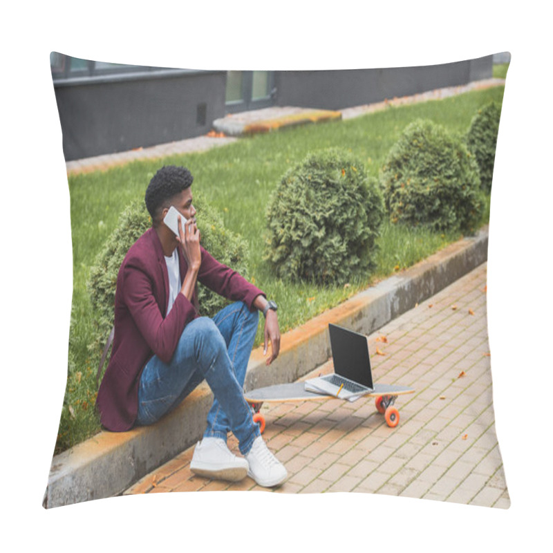 Personality  African American Freelancer Sitting On Curb On Street Near Laptop On Skateboard Pillow Covers