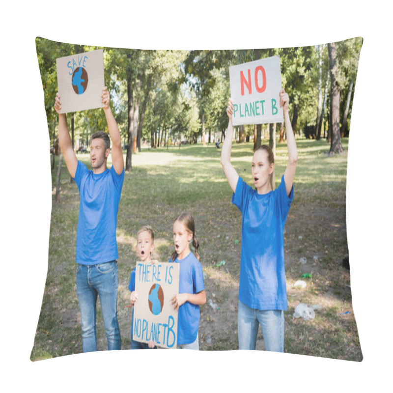 Personality  Family Of Volunteers Screaming While Holding Placards With Globe And No Planet B Inscription, Ecology Concept Pillow Covers